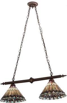 34"W Tiffany Jeweled Peacock 2 Light Island Pendant
