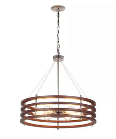 Catalina 24"W 6-Light Polished Nickel Drum Modern Pendant Mahogany Wood Finish Shade